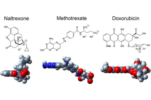 (Upper) Chemical structures of small-molecule drugs (SMOLs), i.e. naltrexone, methotrexate, and doxorubicin. (Lower) Space-filling models of the SMDs: carbon (dark grey), hydrogen (light grey), nitrogen (blue), oxygen (red).